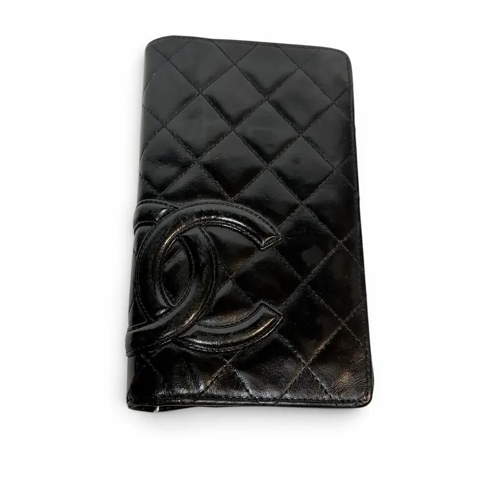 Chanel Cambon Ligne Black Quilted Leather Long Bifold Wallet Pink Interior